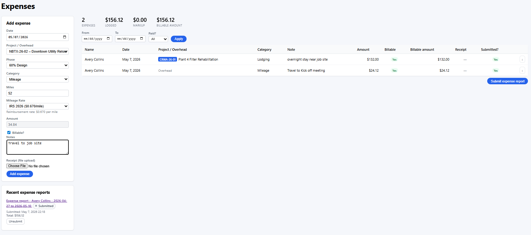 Project Datum expenses view with mileage, lodging, billable status, and reports