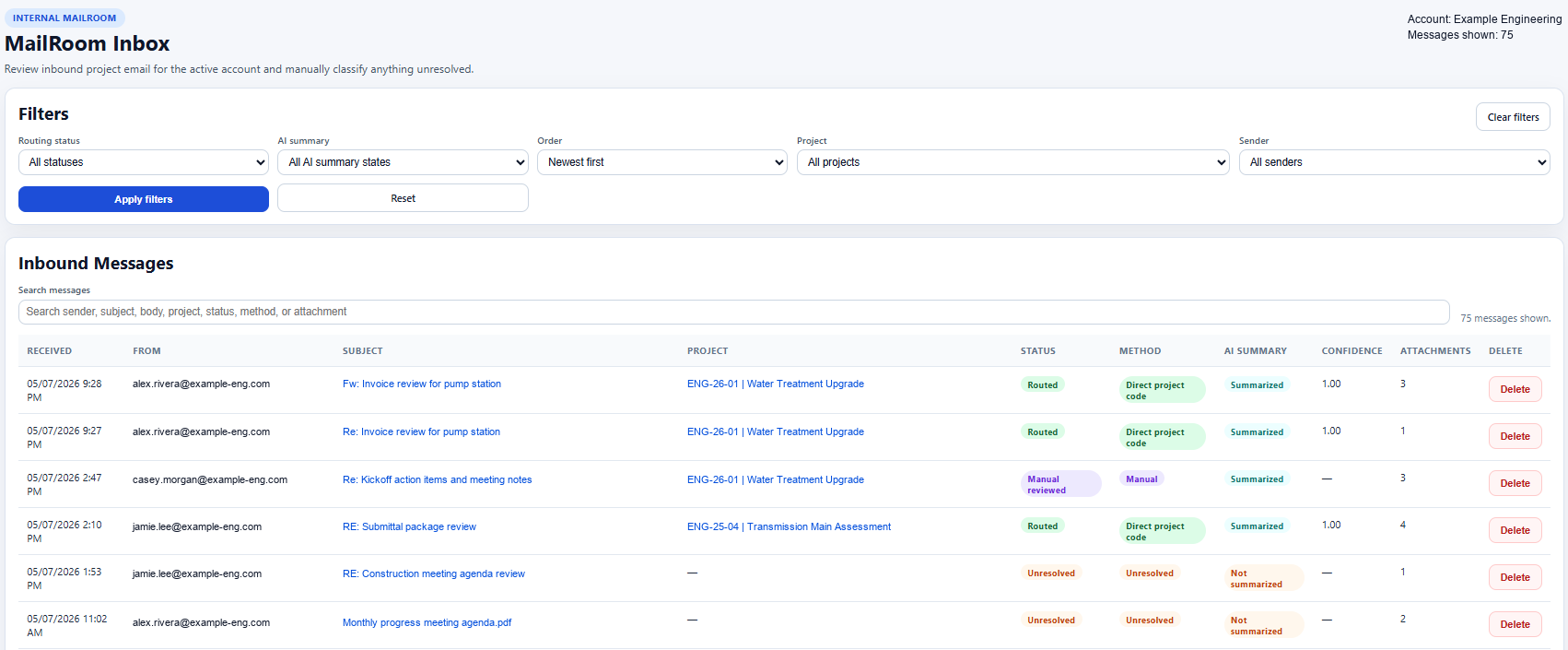 Project Datum MailRoom inbox with routed and unresolved messages