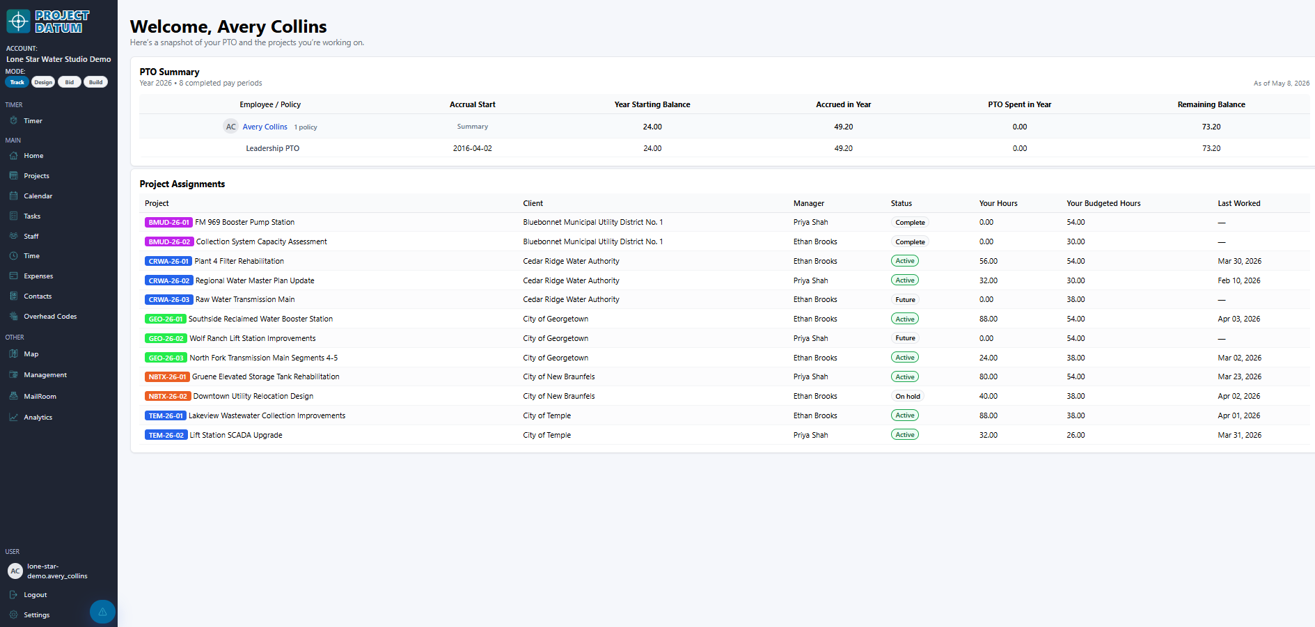 Project Datum dashboard with PTO summary and project assignments
