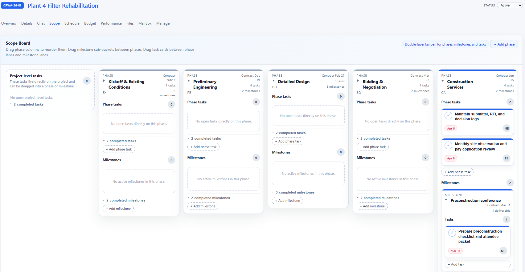 Project Datum scope board with phases, milestones, and task cards